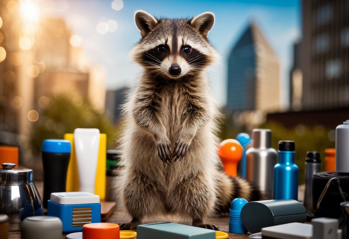 A raccoon standing on its hind legs, surrounded by various human objects and buildings, with a curious expression on its face