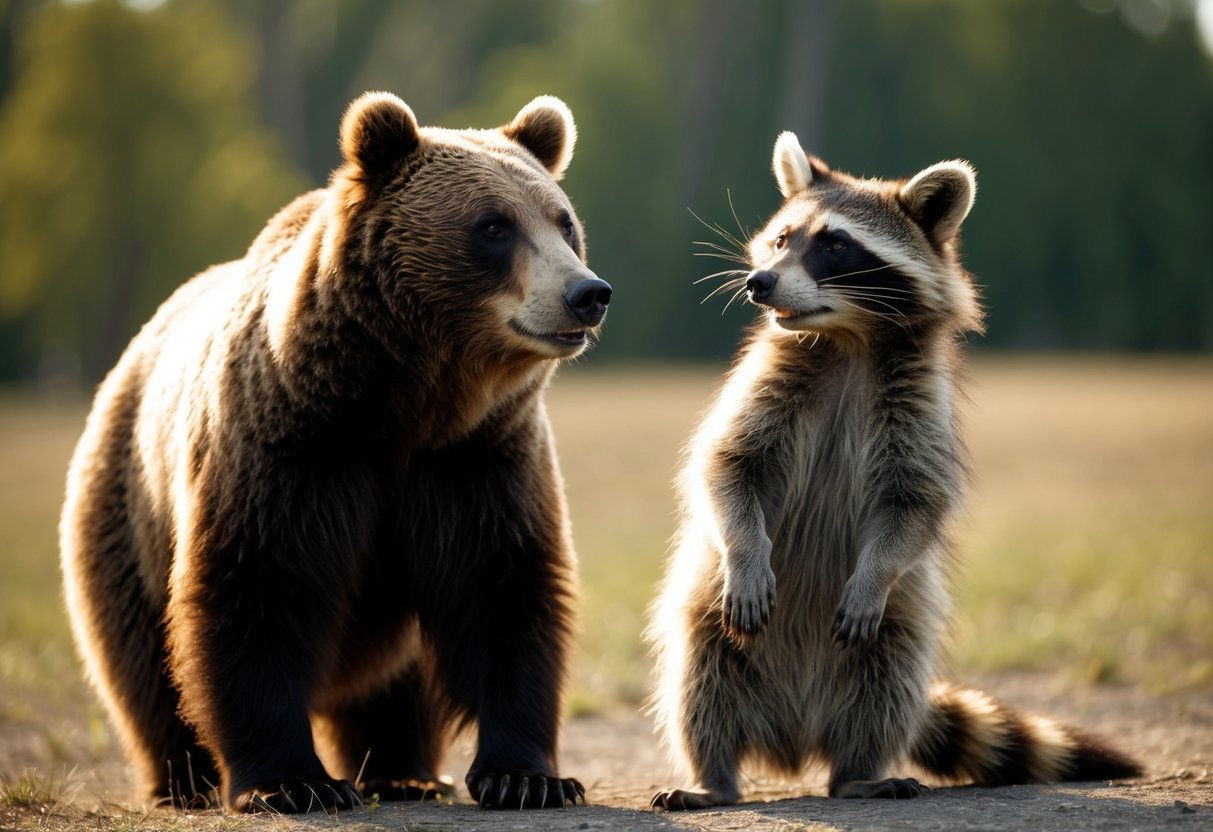 A bear and a raccoon standing side by side, looking at each other with curious expressions