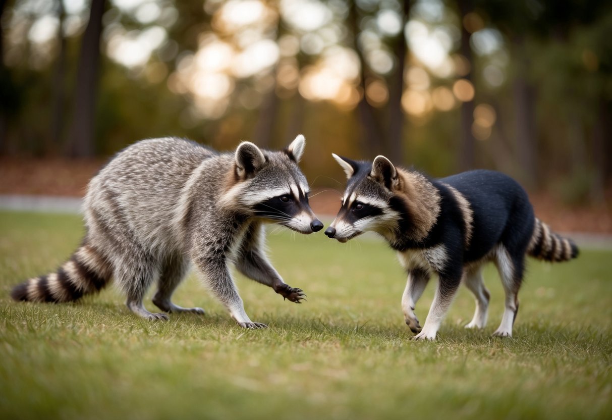 A raccoon approaches a wary dog, sniffing the air cautiously