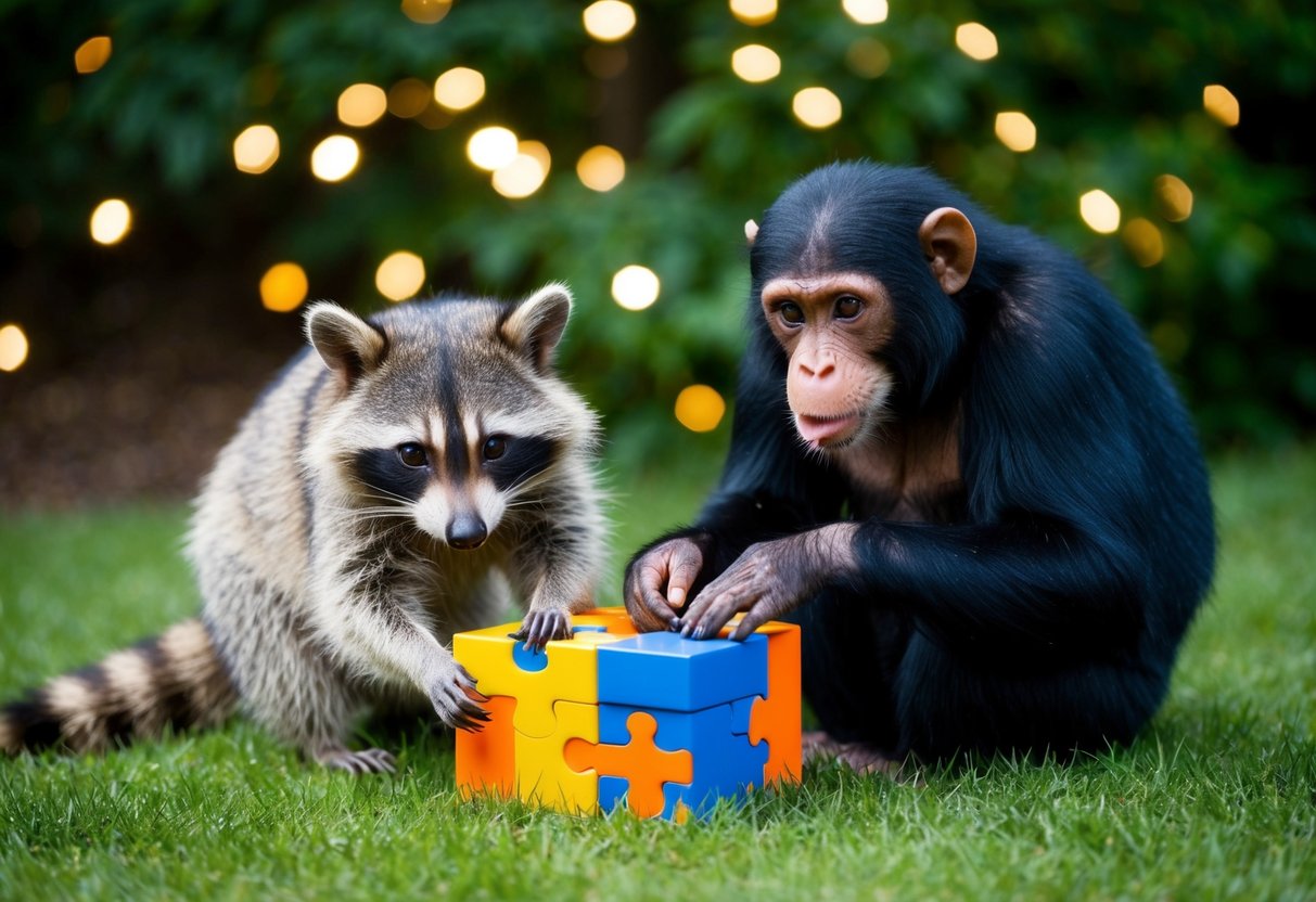 A raccoon solving a puzzle box next to a chimpanzee