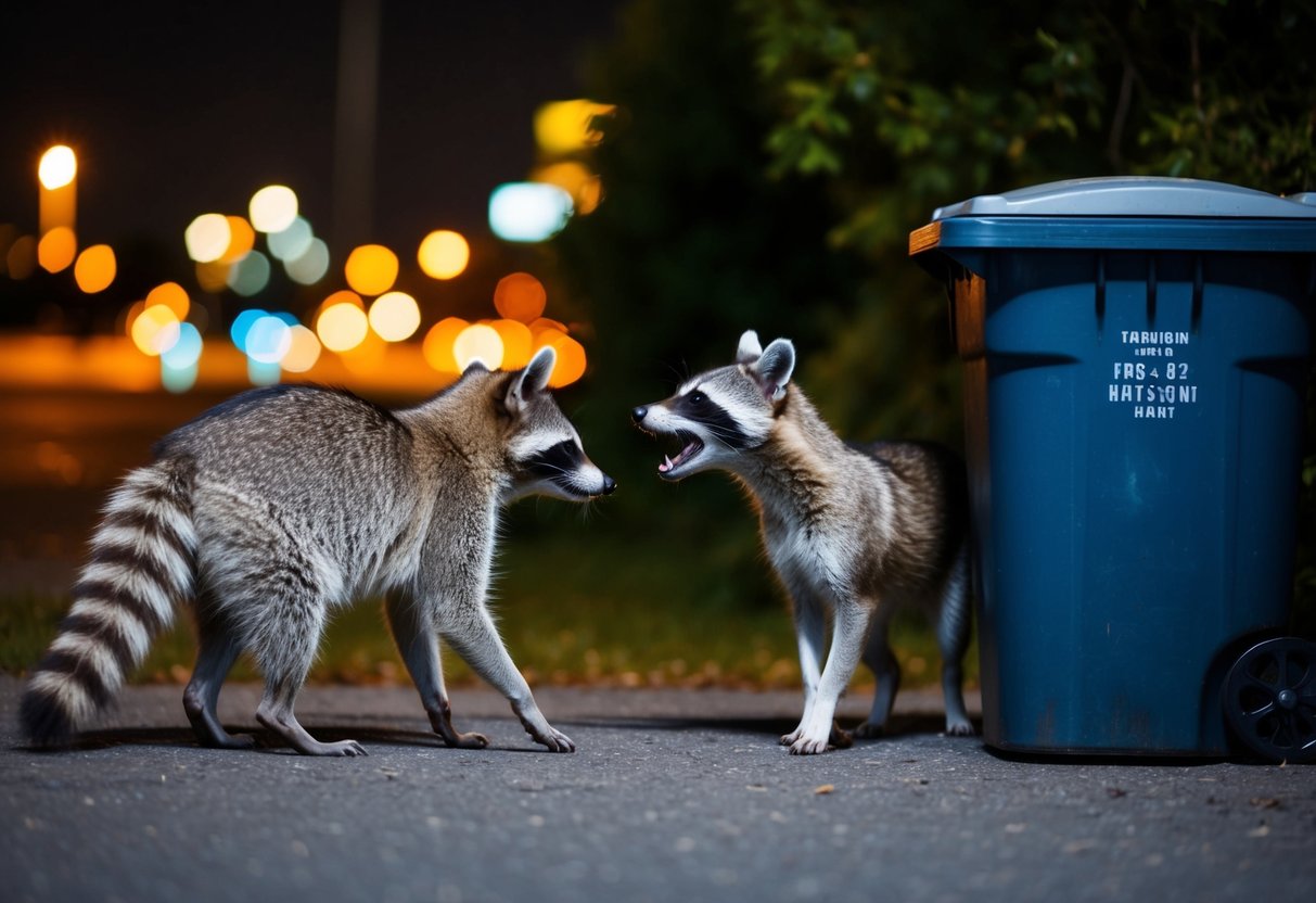 A raccoon approaches a barking dog near a trash can at night