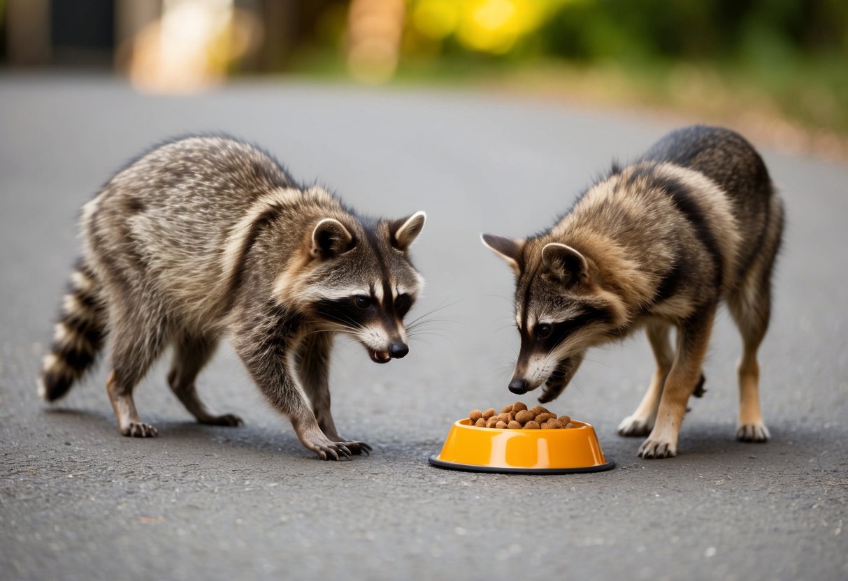 A raccoon approaches a dog's food bowl, while the dog barks defensively