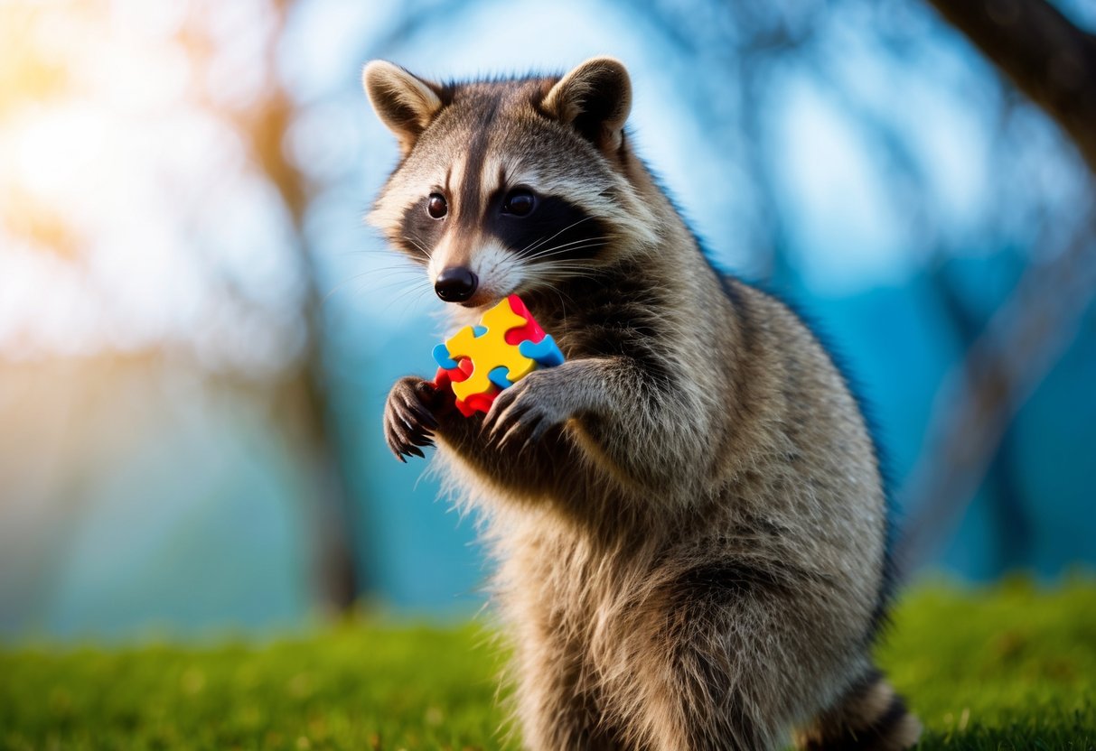 A raccoon standing on its hind legs, holding a puzzle toy in its paws, with a curious and intelligent expression on its face