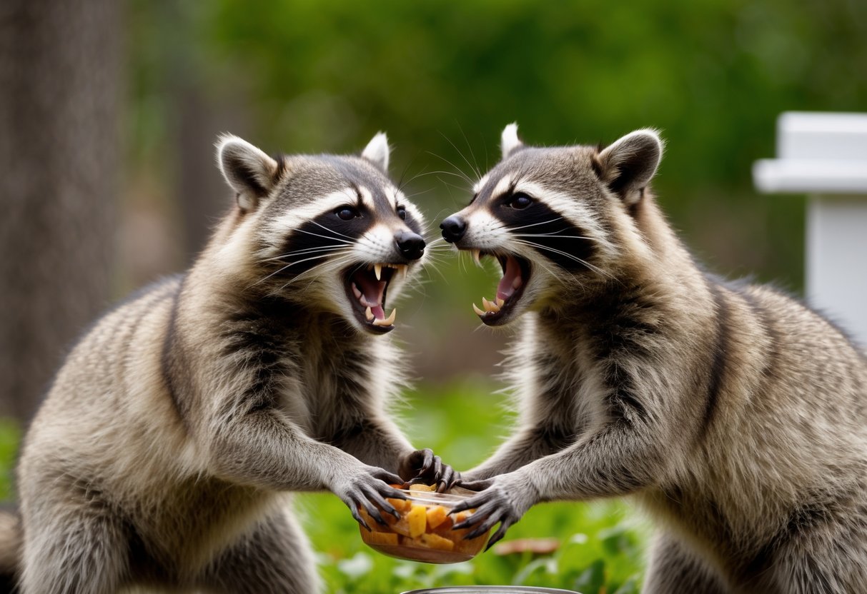 Two raccoons fight over a food source, snarling and baring their teeth in a display of aggression