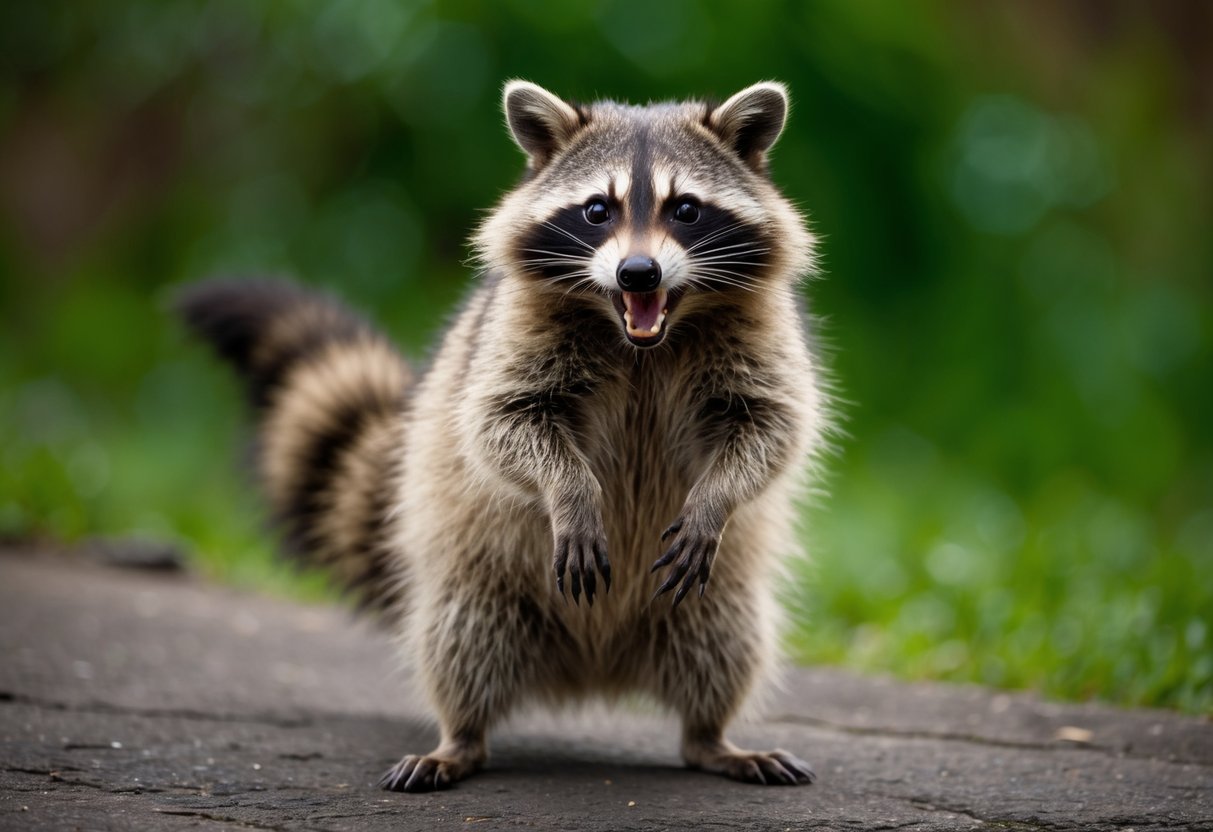 A raccoon bares its teeth and hisses, standing on its hind legs in a defensive posture