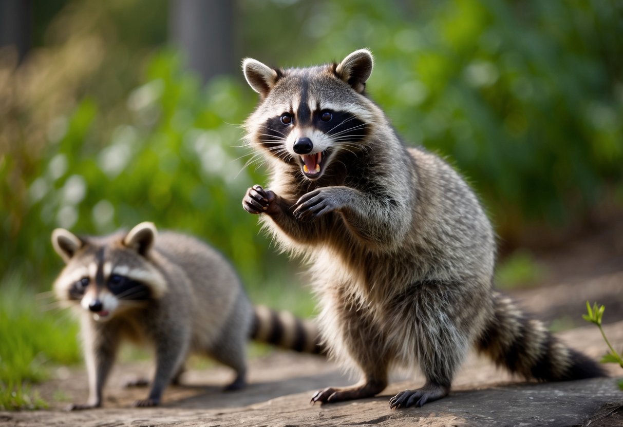 A raccoon bares its teeth and hisses, standing on its hind legs in a defensive posture while another raccoon lurks nearby