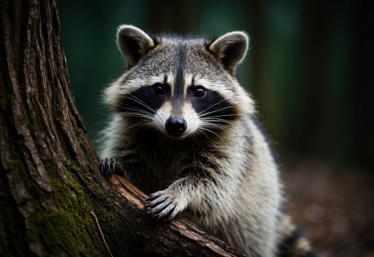 A raccoon cautiously emerges from a dark woodland, its bandit-like face peering out from behind a tree trunk