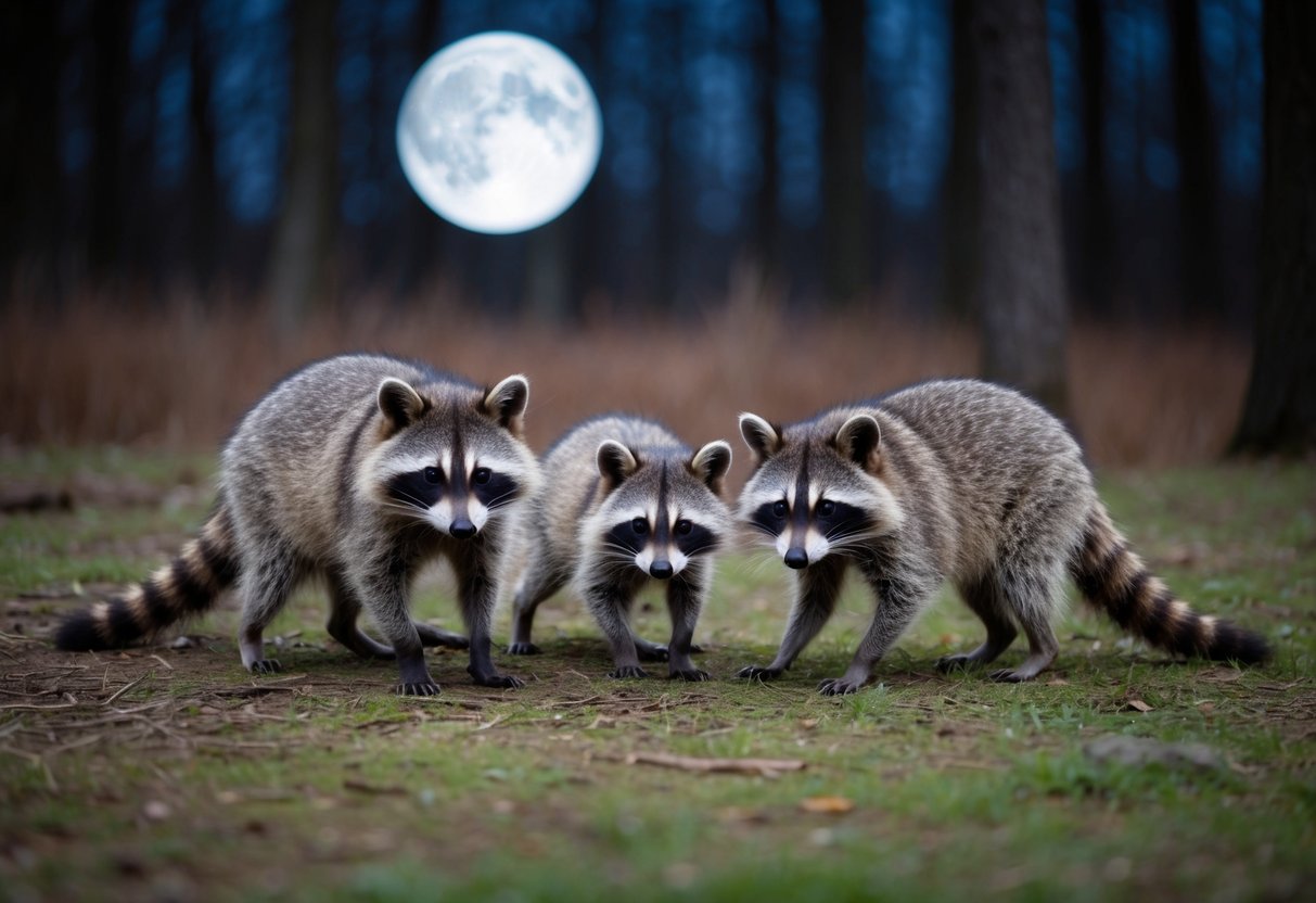 A family of raccoons foraging in a moonlit forest clearing
