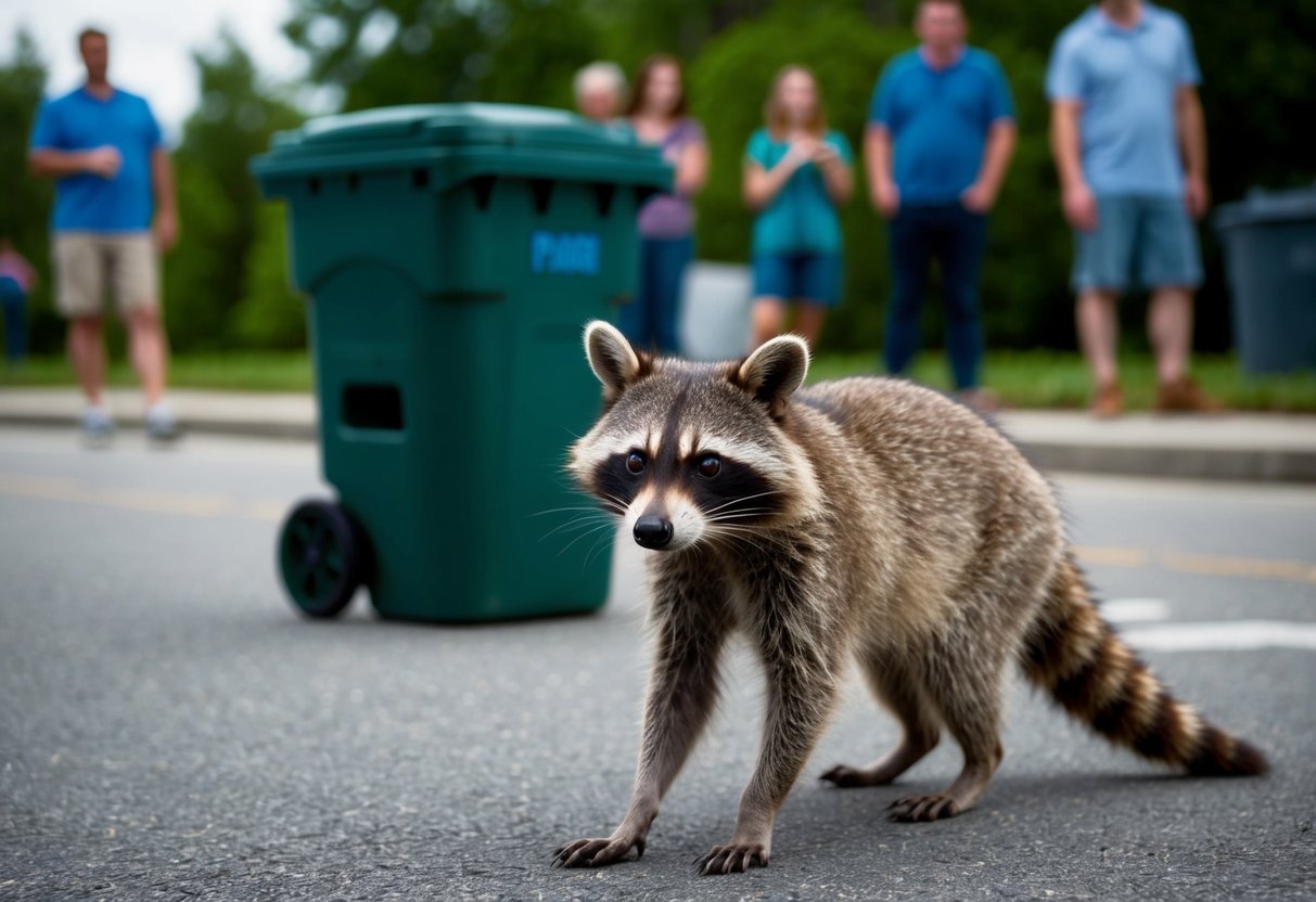 A raccoon cautiously approaches a garbage can, its masked face curious yet wary. In the background, people watch from a distance, unsure of the animal's intentions