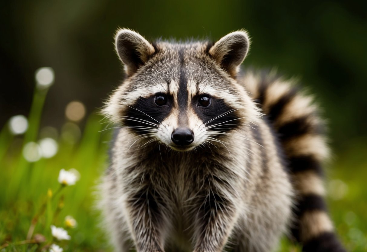 A raccoon stares directly at the viewer, its eyes wide and curious, as it stands on its hind legs with its striped tail raised behind it