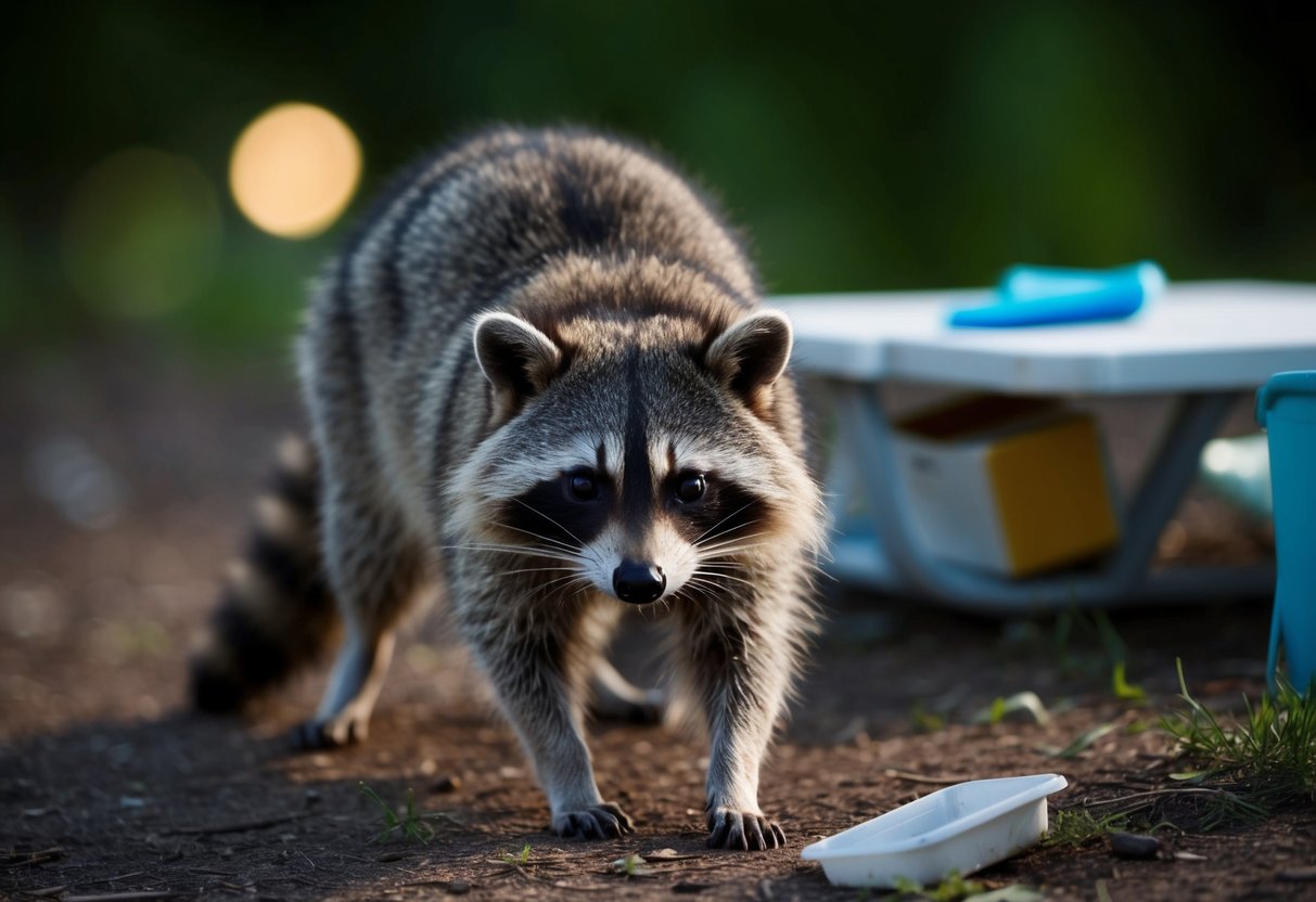 A raccoon stares intently, its bandit-masked face illuminated by moonlight, as it cautiously approaches a discarded picnic site