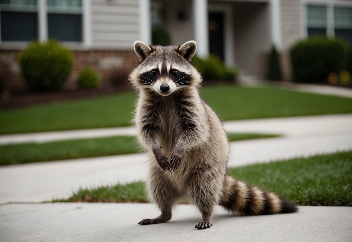 A raccoon stands guard in front of a suburban home, with a watchful gaze and a protective stance, symbolizing the protection of property and community