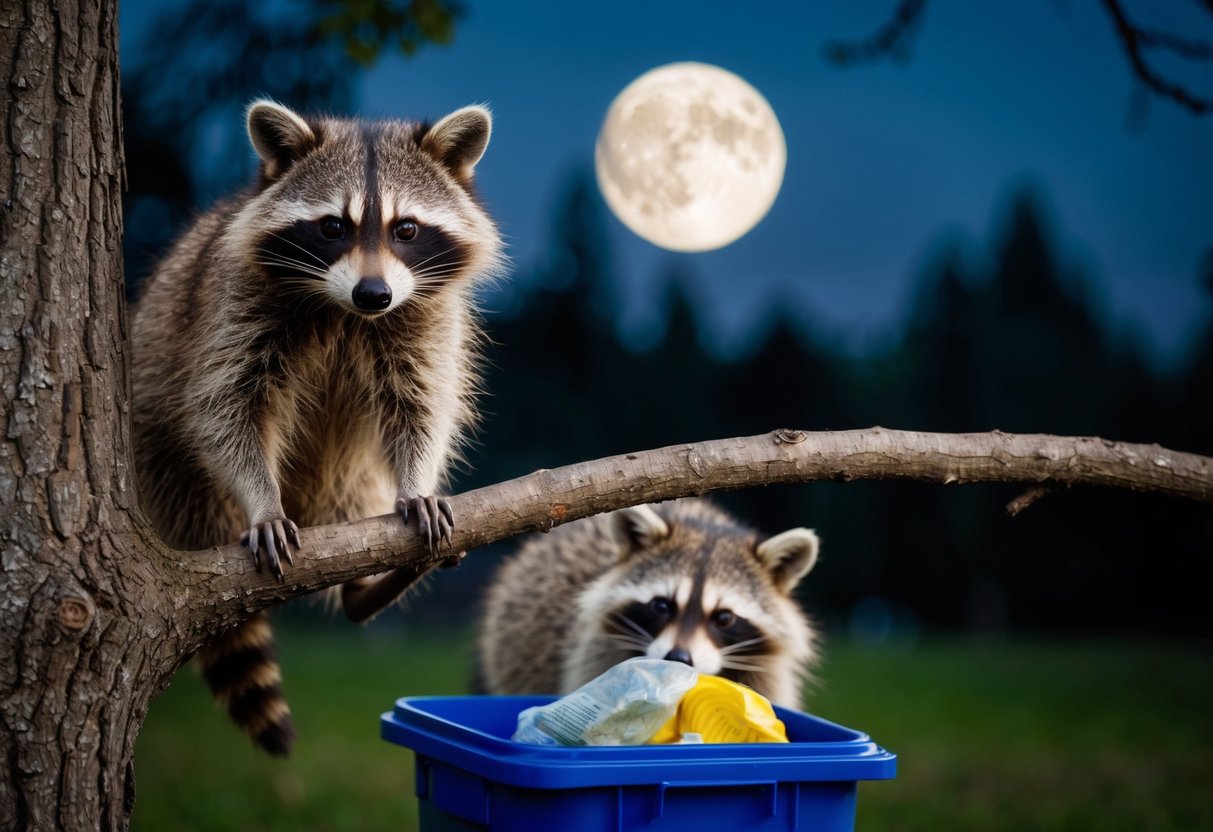 A raccoon stares intently from a tree branch, its masked face illuminated by moonlight, while another rummages through a trash can below