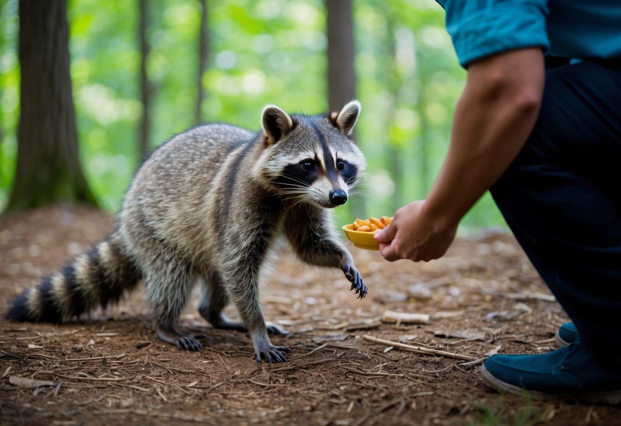 A raccoon cautiously approaches a person offering food in a peaceful, wooded setting