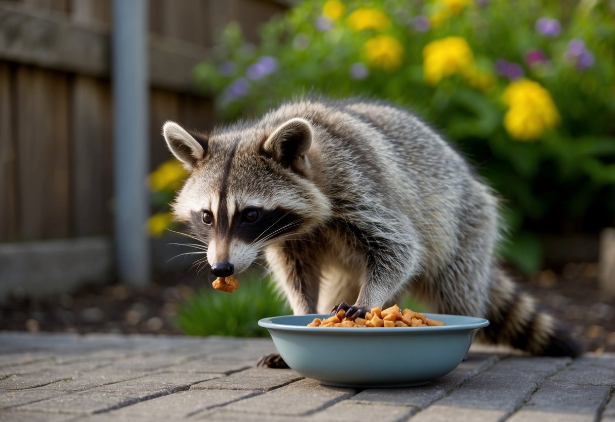 A raccoon cautiously approaches a bowl of food left out in a backyard, sniffing and inspecting it before tentatively taking a bite