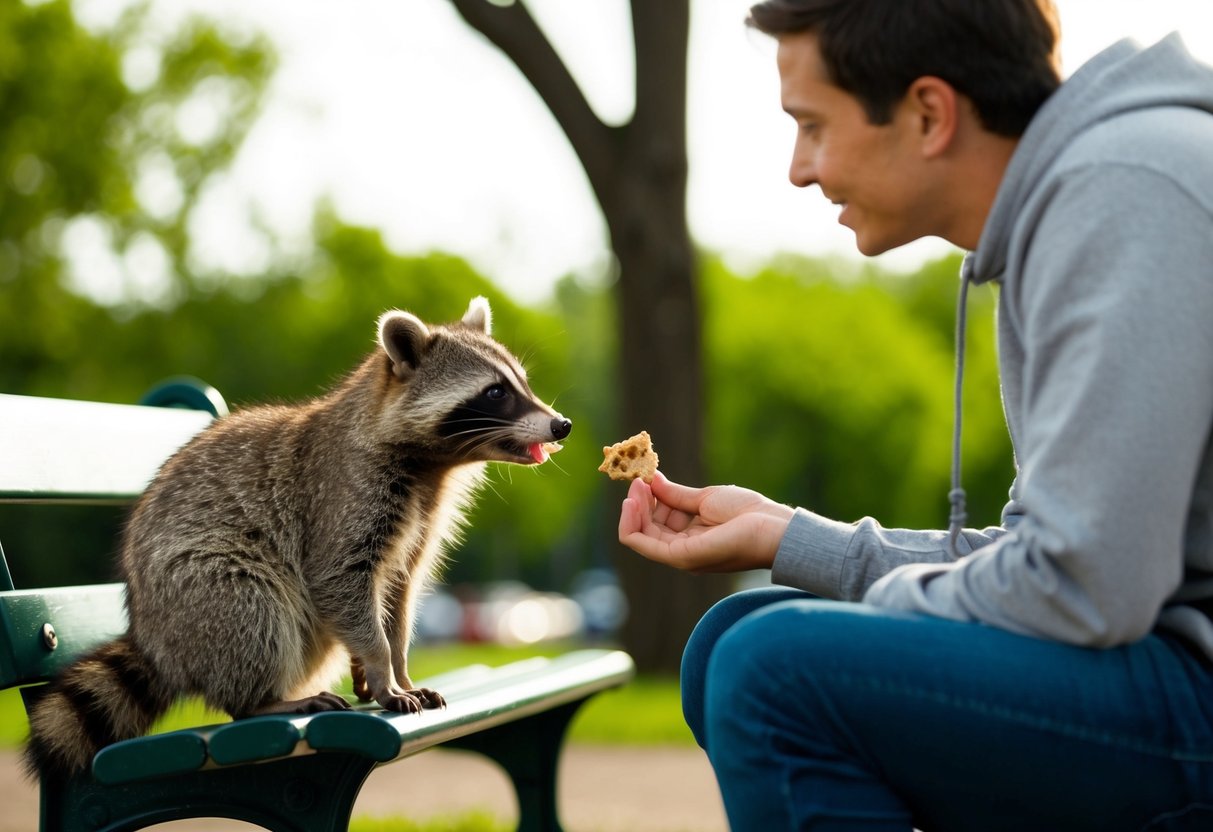 A raccoon approaches a person sitting on a park bench, looking curious and friendly. The person holds out a healthy snack, offering it to the raccoon