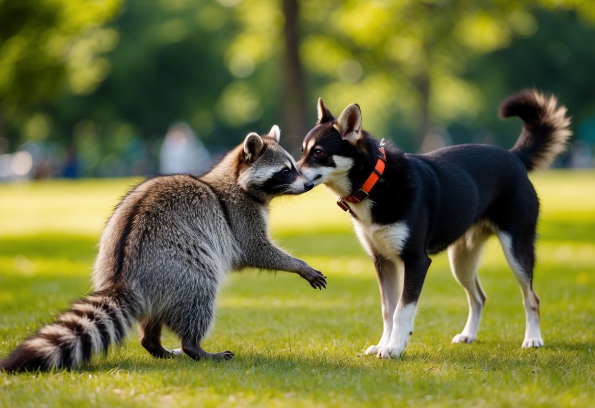 A raccoon and a dog playfully interact in a park, sniffing each other and engaging in friendly social behavior