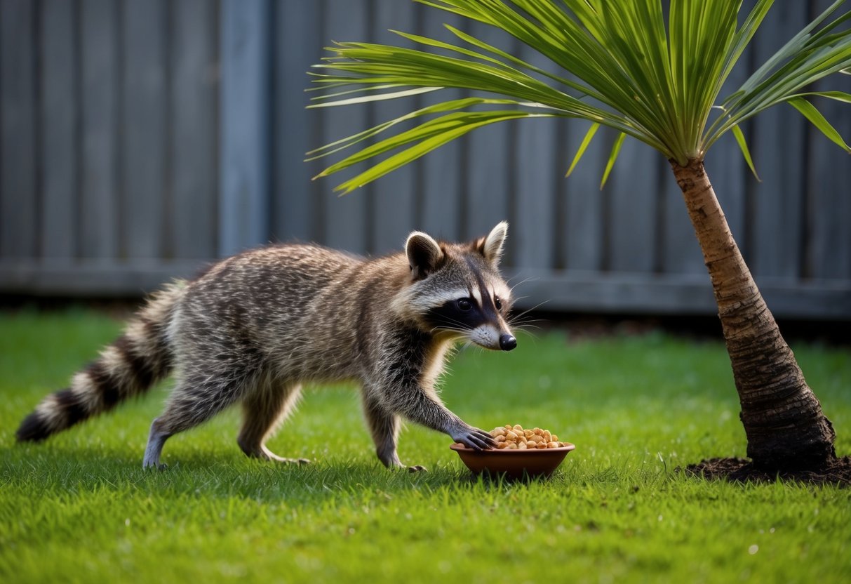 A raccoon cautiously approaches an outstretched palm offering food in a backyard garden
