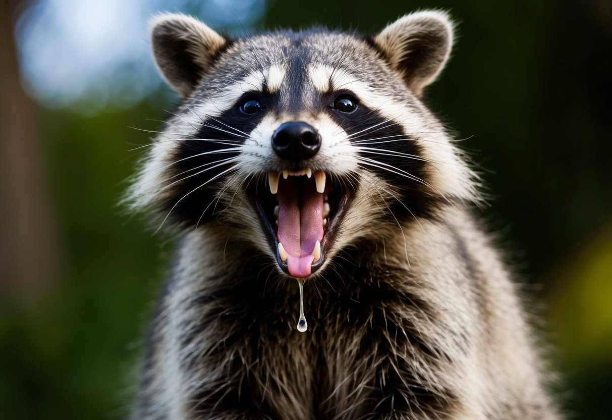 A raccoon with open mouth, saliva dripping from its sharp teeth