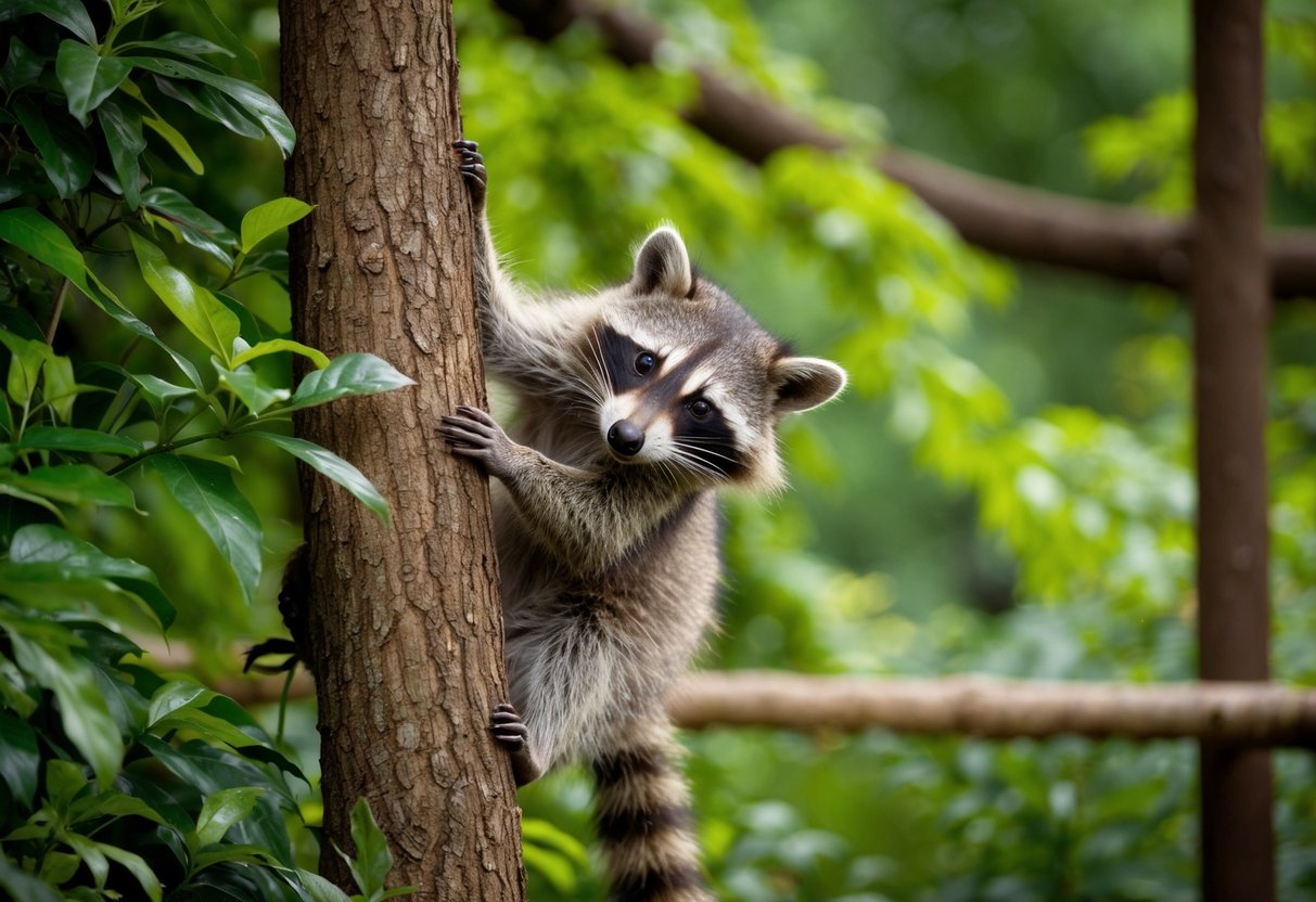 A raccoon explores a lush, forested enclosure at a UK zoo, climbing a tree and foraging for food among the foliage