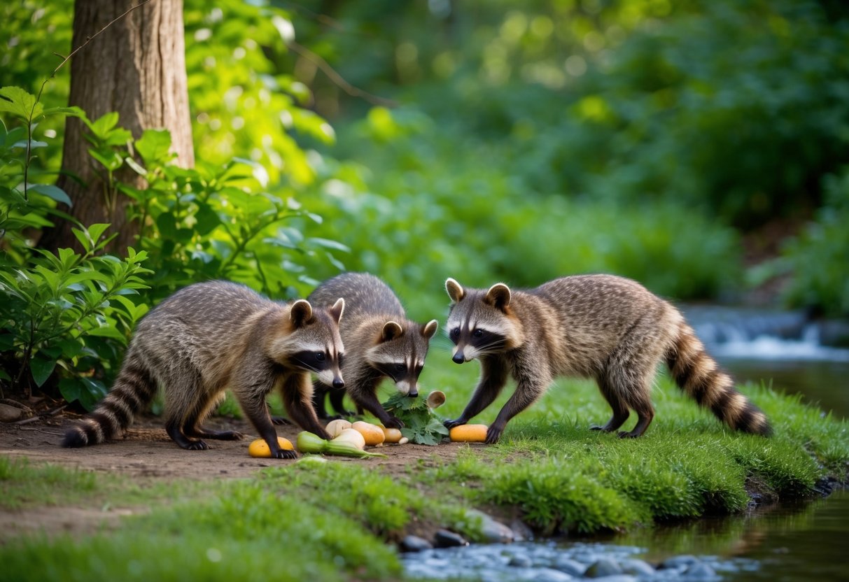 A family of raccoons foraging for food in a lush, wooded area near a stream