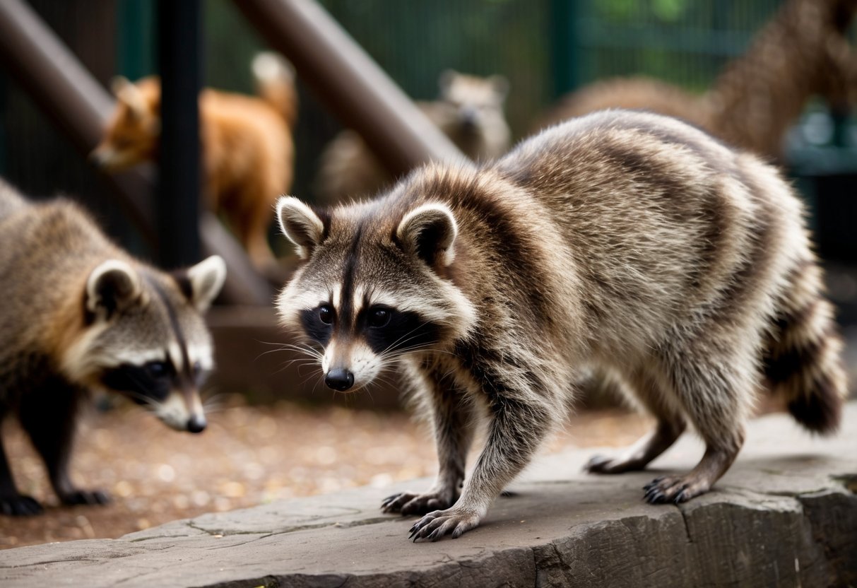 A raccoon cautiously explores its enclosure at a UK zoo, curiously observing other animal species nearby