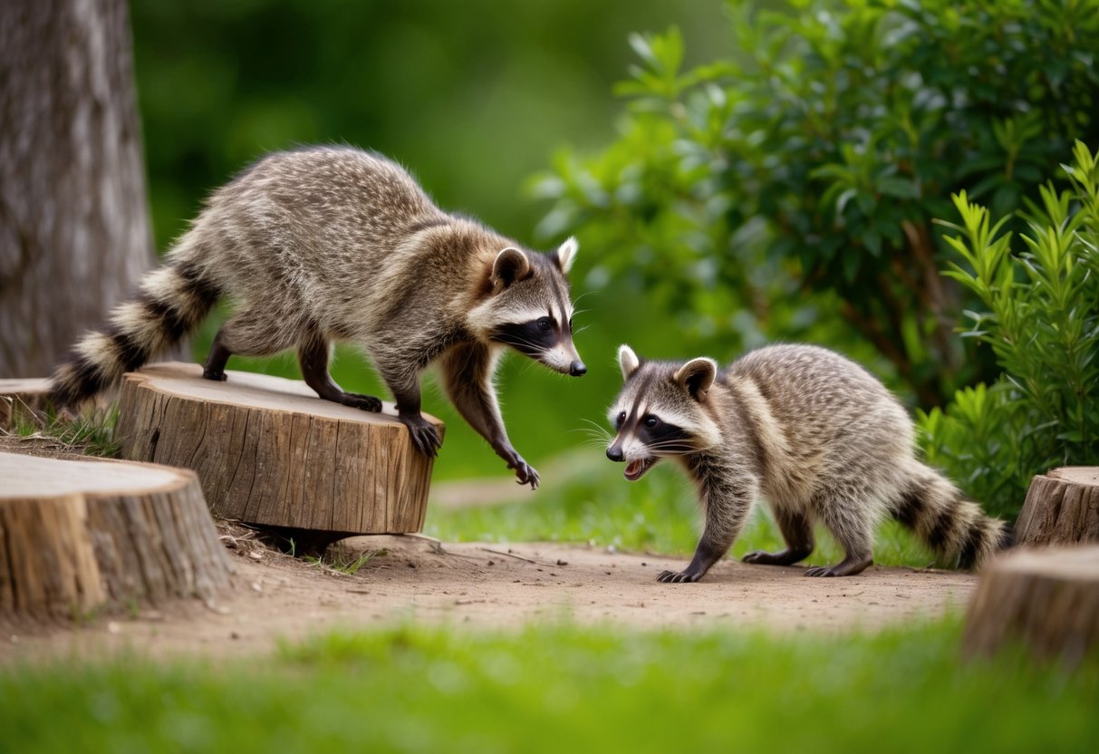 Raccoons playfully explore their habitat at Wingham Wildlife Park, surrounded by lush greenery and naturalistic features