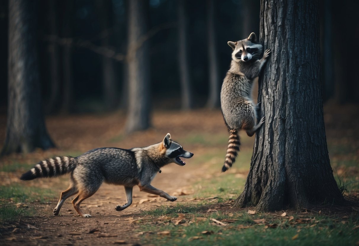 A dog chases a raccoon in a dark, wooded area, with the raccoon climbing a tree and the dog barking below