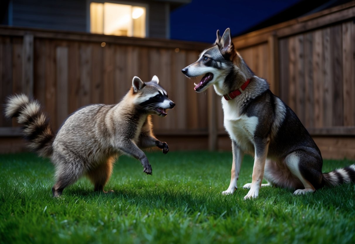 A dog confronts a raccoon in a backyard at night, both animals standing their ground with raised fur and bared teeth