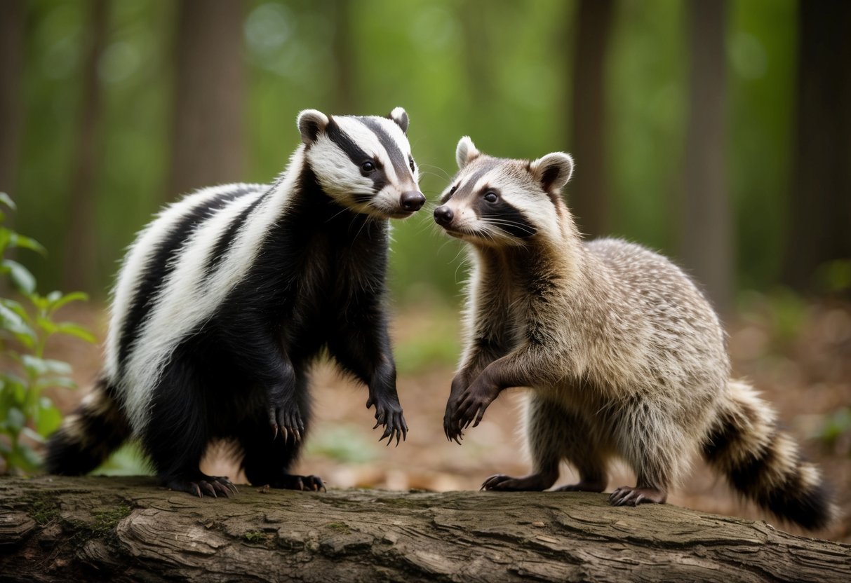 A badger and a raccoon standing side by side, looking curiously at each other with a forest backdrop