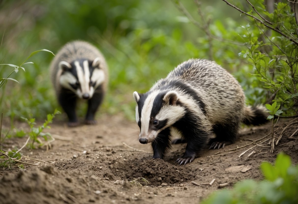 A badger from the raccoon family digs for food in the dirt, while another badger scavenges for insects in the underbrush