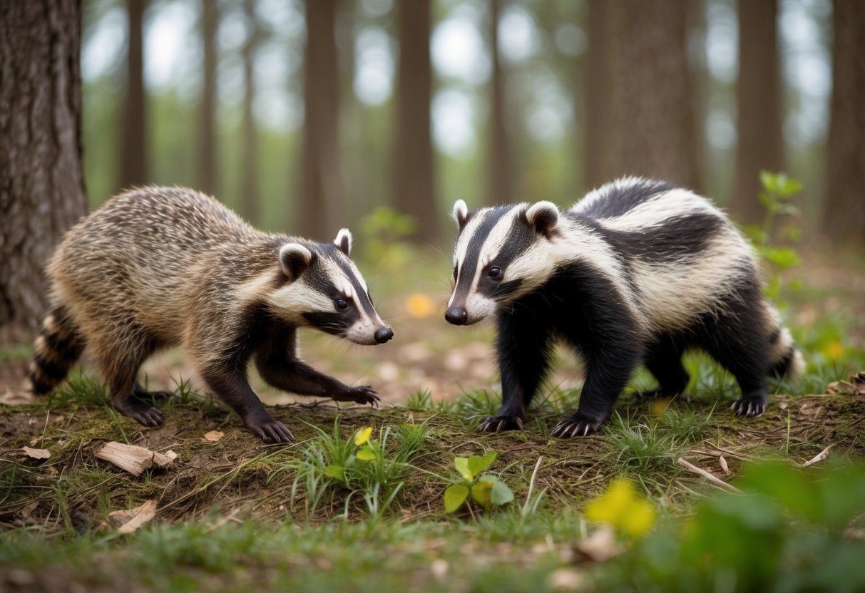 A badger and a raccoon forage together in the forest, while another badger explores and hunts alone