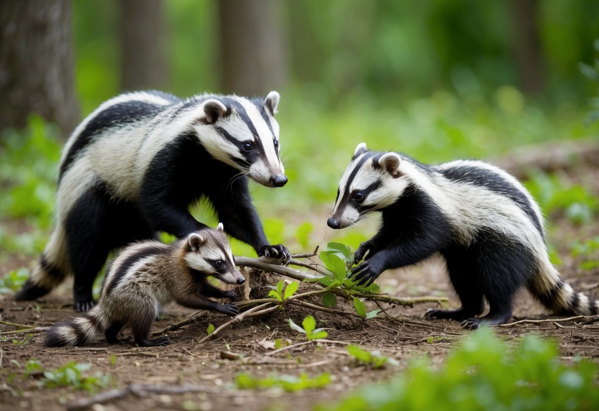 A family of badgers and raccoons foraging in a forest clearing