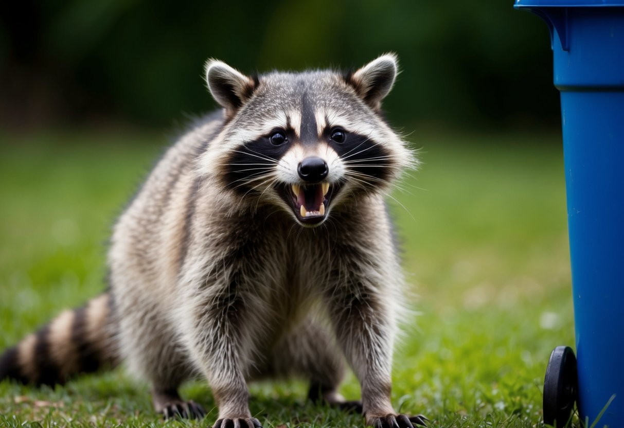 A raccoon bares its teeth, poised to bite, as it defends its territory near a trash can