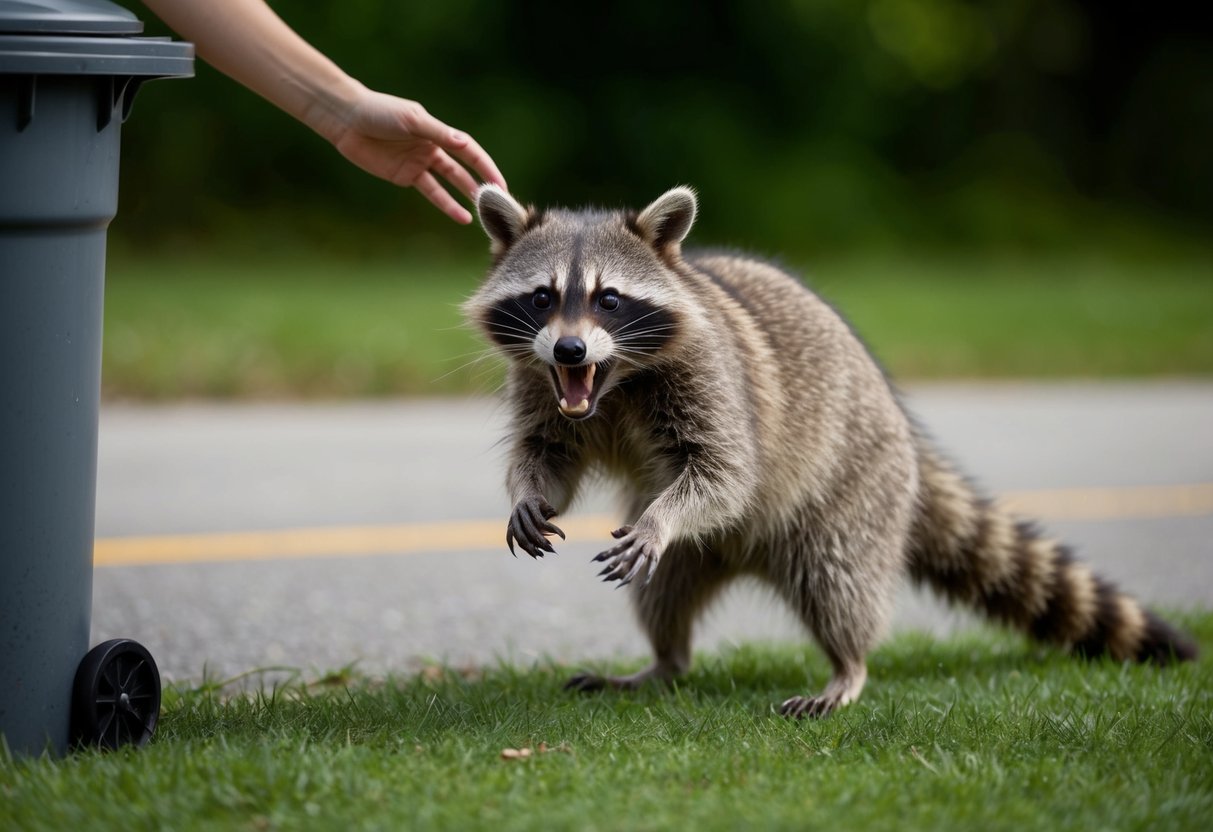 A raccoon lunges, baring its teeth, as a person startles it near a trash can