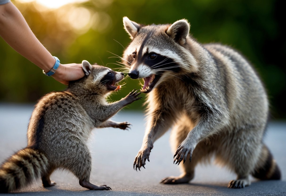 A raccoon with bared teeth lunges forward, its claws extended, as a person reaches out to pet it
