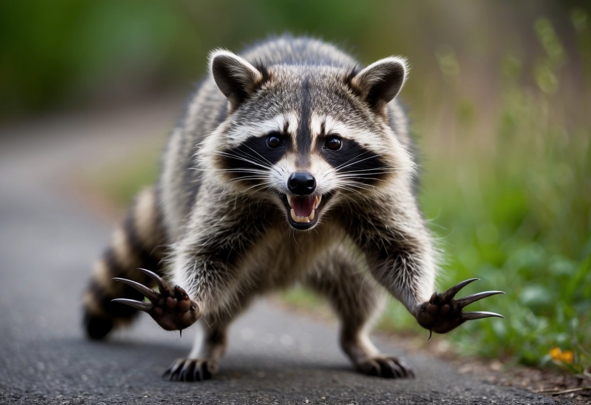 A raccoon with bared teeth, standing on hind legs, lunging forward with claws outstretched