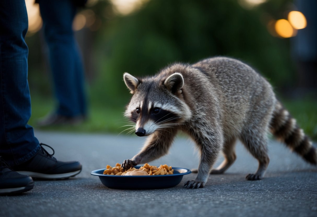 A raccoon cautiously approaches a person's discarded food, its masked face and ringed tail distinct against the dim light of dusk