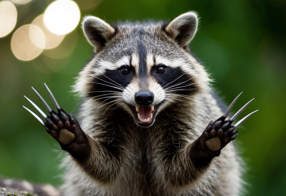A raccoon bares its teeth and raises its claws defensively