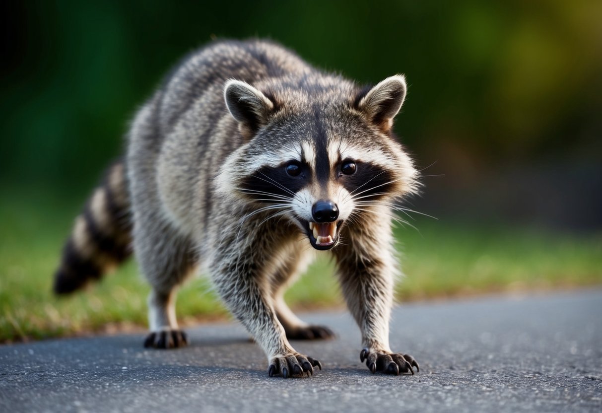 A raccoon with sharp claws and bared teeth lunges forward menacingly