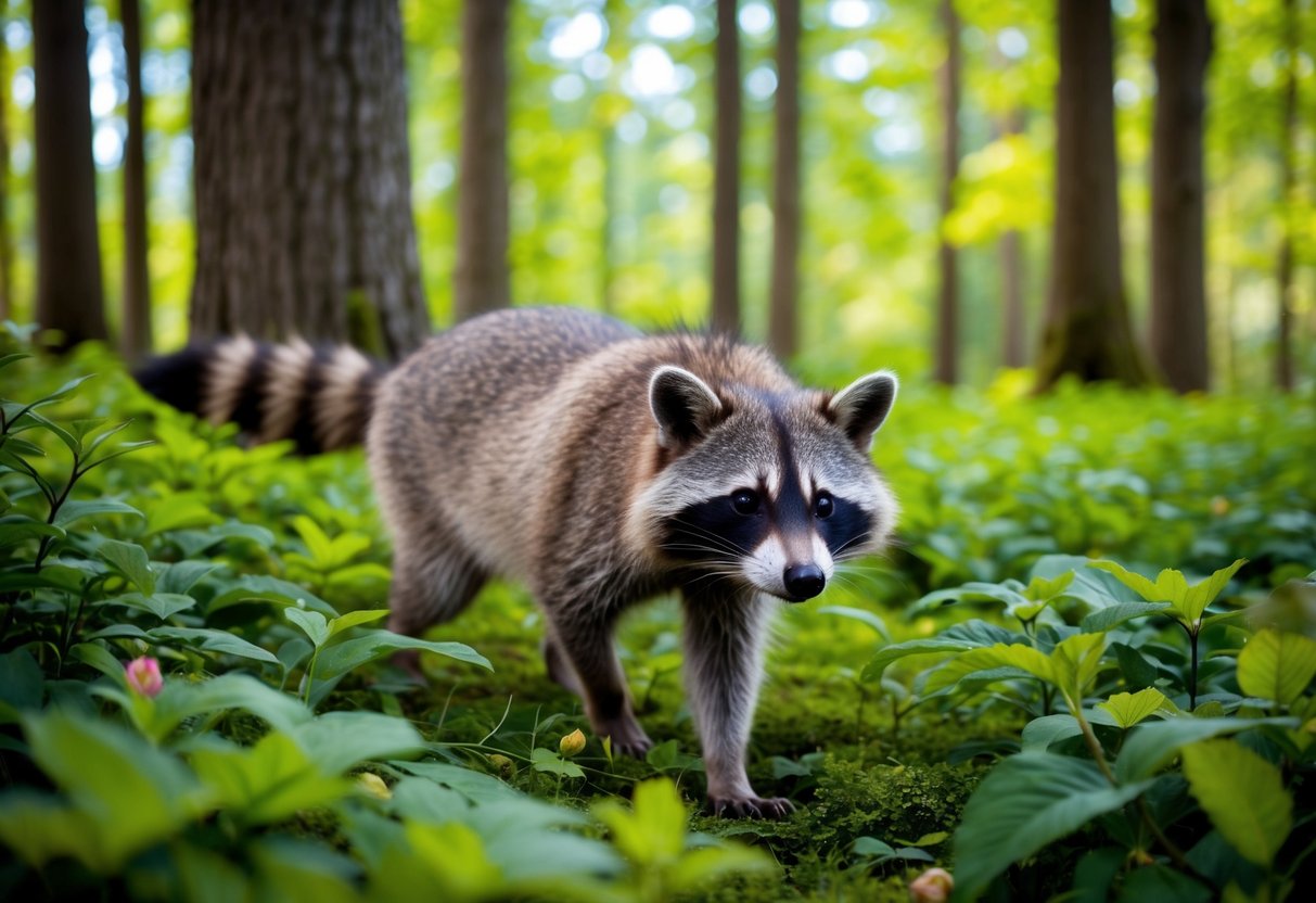 A raccoon dog explores a lush English forest, surrounded by tall trees and vibrant foliage