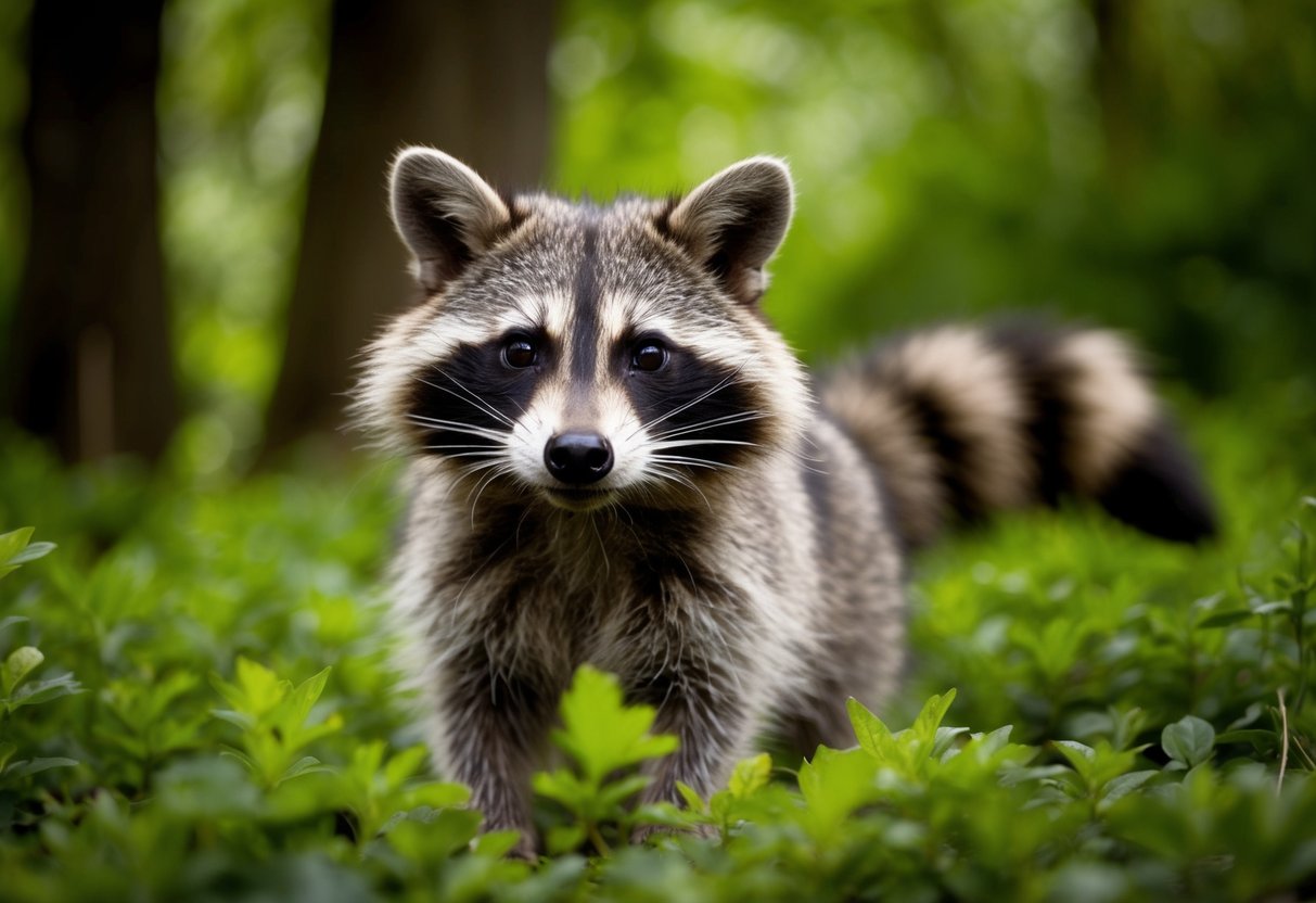 A raccoon dog peeks out from a lush English woodland, its distinctive facial markings and bushy tail clearly visible