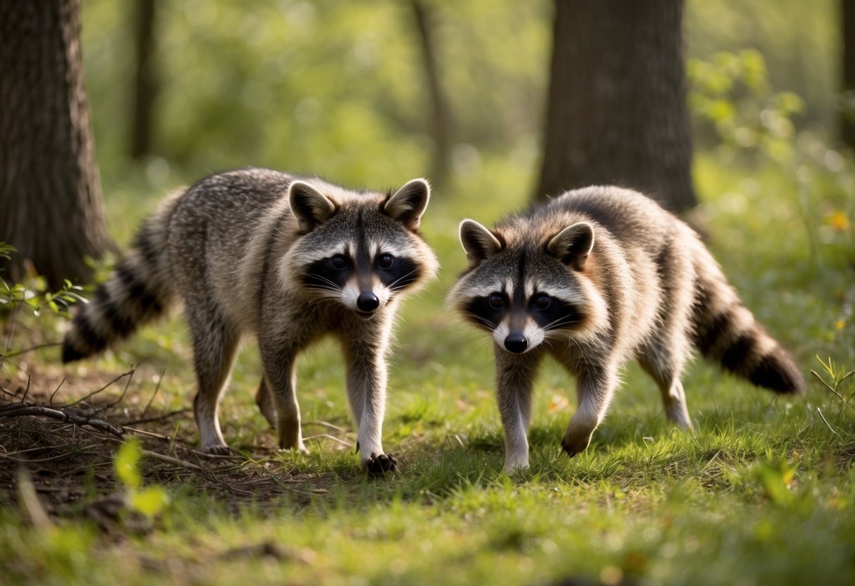 A pair of raccoon dogs roam through an English woodland, their bushy tails trailing behind them as they sniff and explore the underbrush