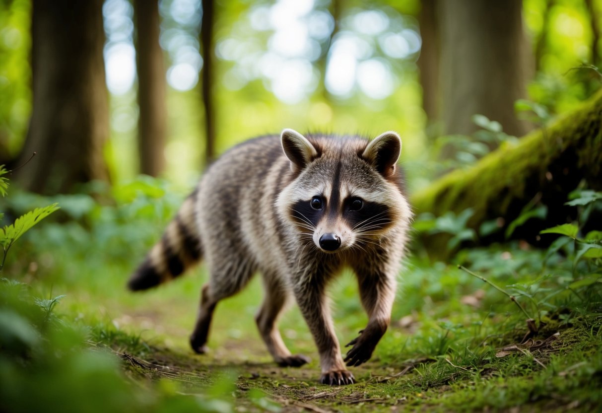 A raccoon dog wanders through a lush English forest, surrounded by trees and wildlife