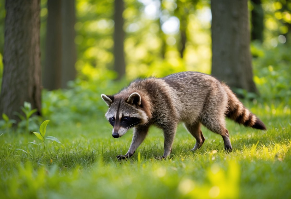 A raccoon dog wanders through a lush English forest, its distinctive markings catching the sunlight as it searches for food