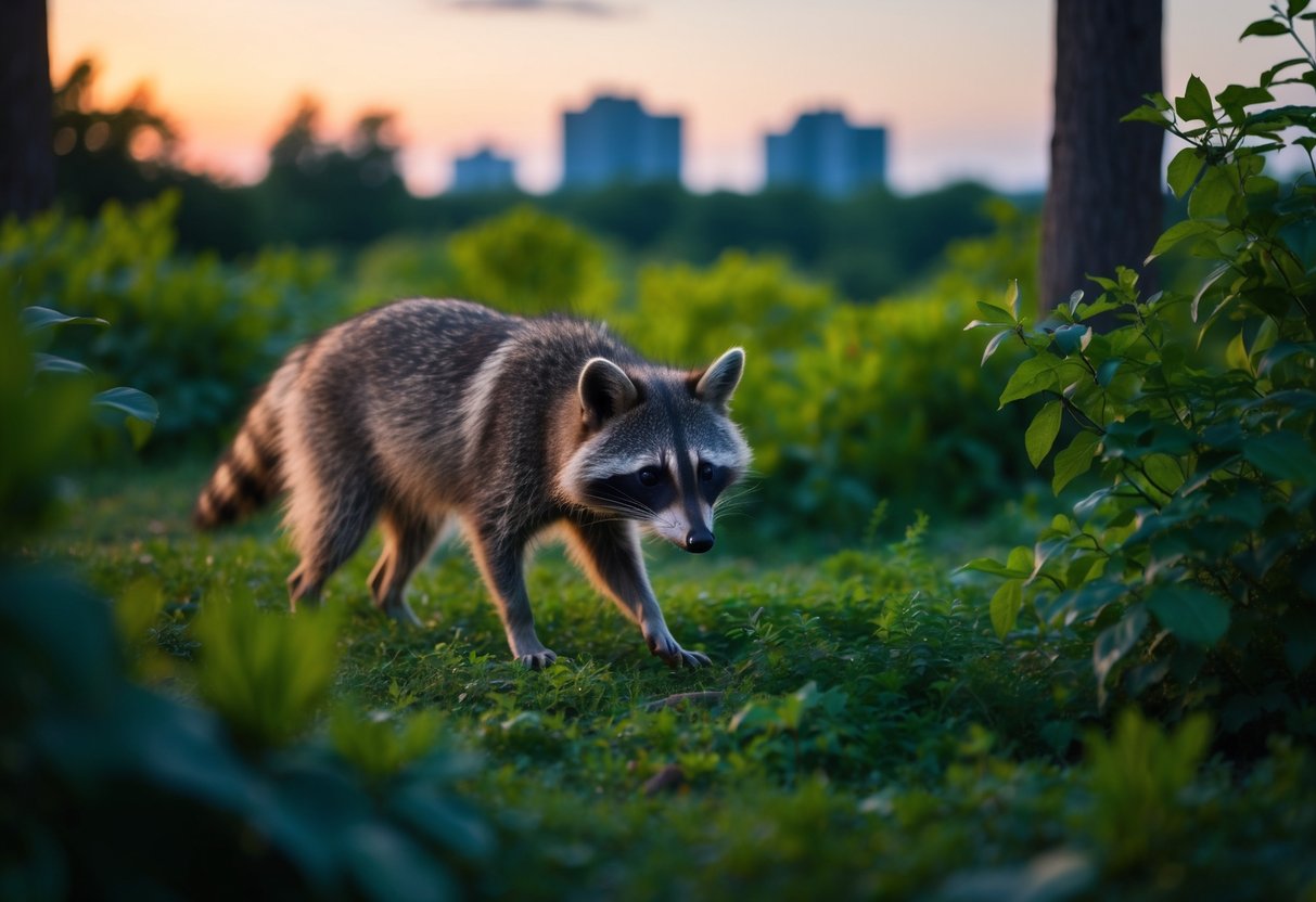 A raccoon dog foraging in a forest at dusk, with lush green vegetation and a hint of urban development in the background
