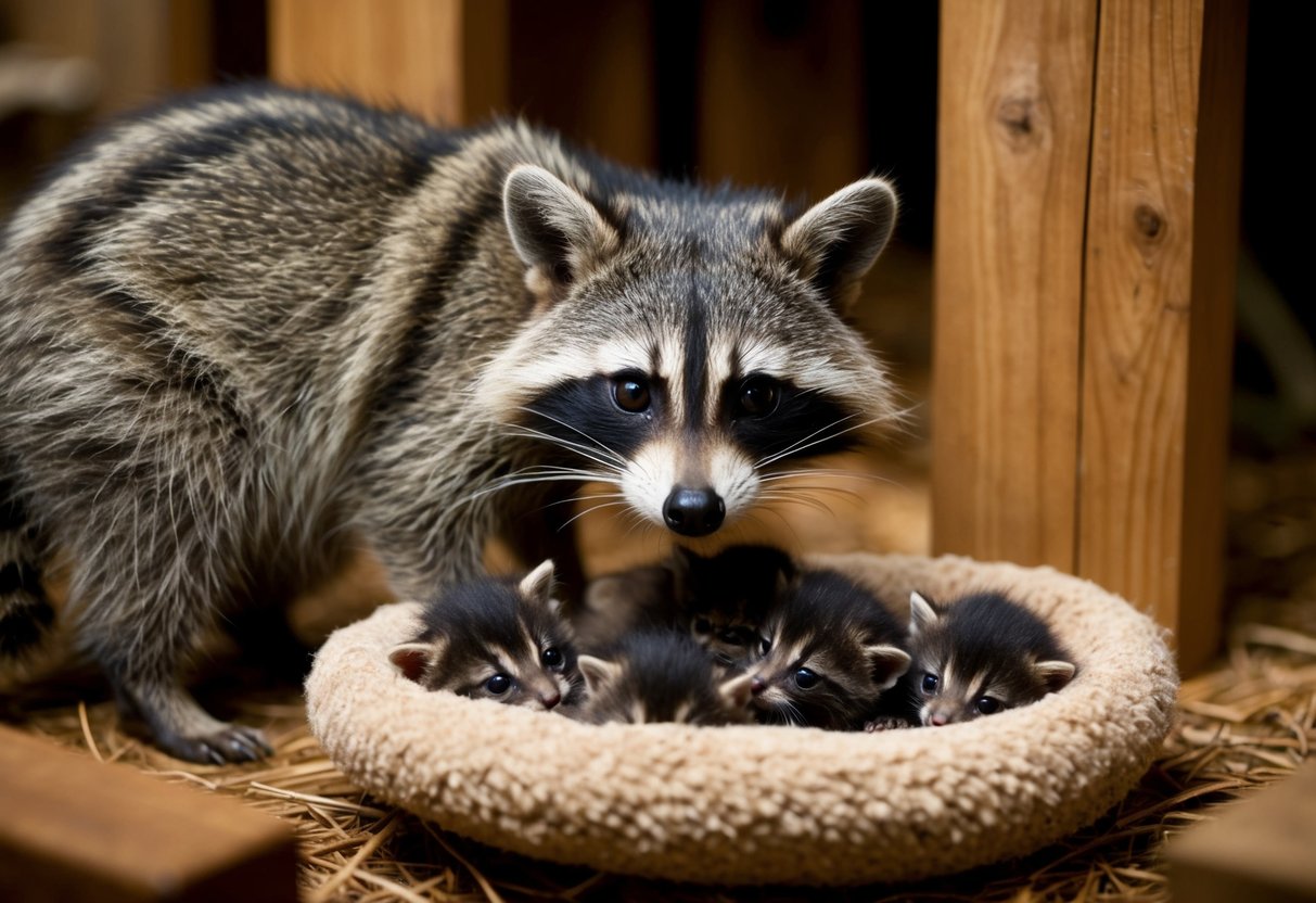 A raccoon peers into a cozy nest of newborn kittens, its eyes gleaming with curiosity and hunger. The mother cat stands guard, ready to defend her vulnerable offspring