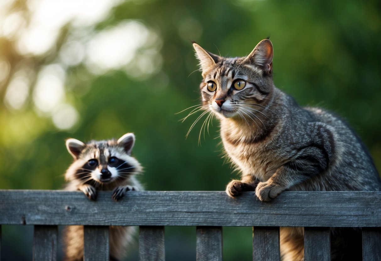 A cat perched on a fence, eyes wide, as a raccoon peers up from below