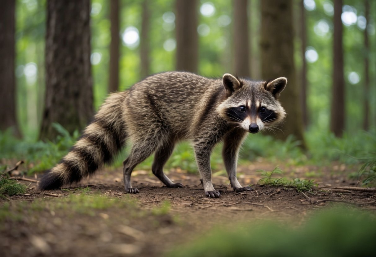 A raccoon dog stands in a dense forest, its bushy tail curled around its body as it sniffs the ground for food