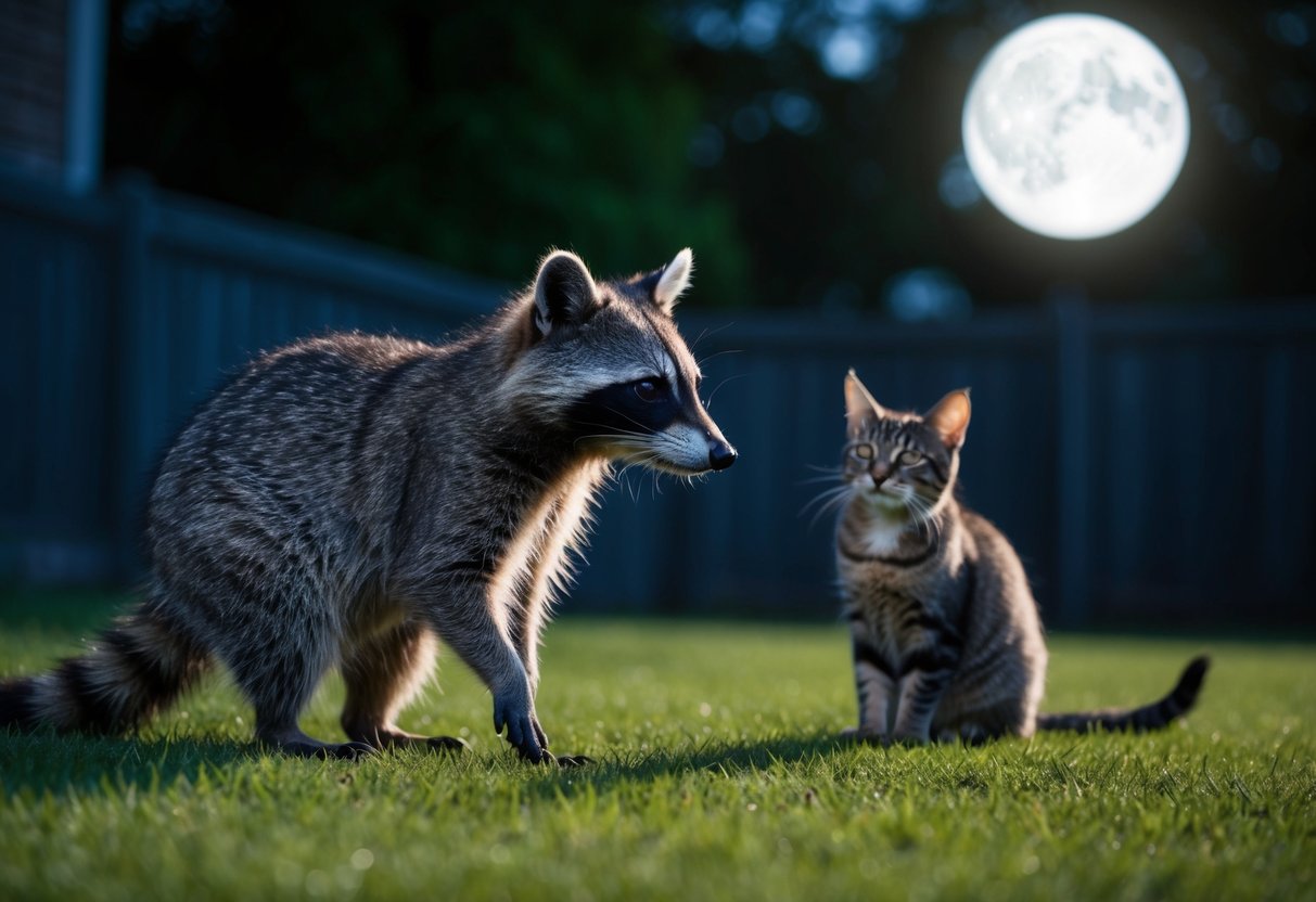 A raccoon watches a cat from a distance in a moonlit backyard